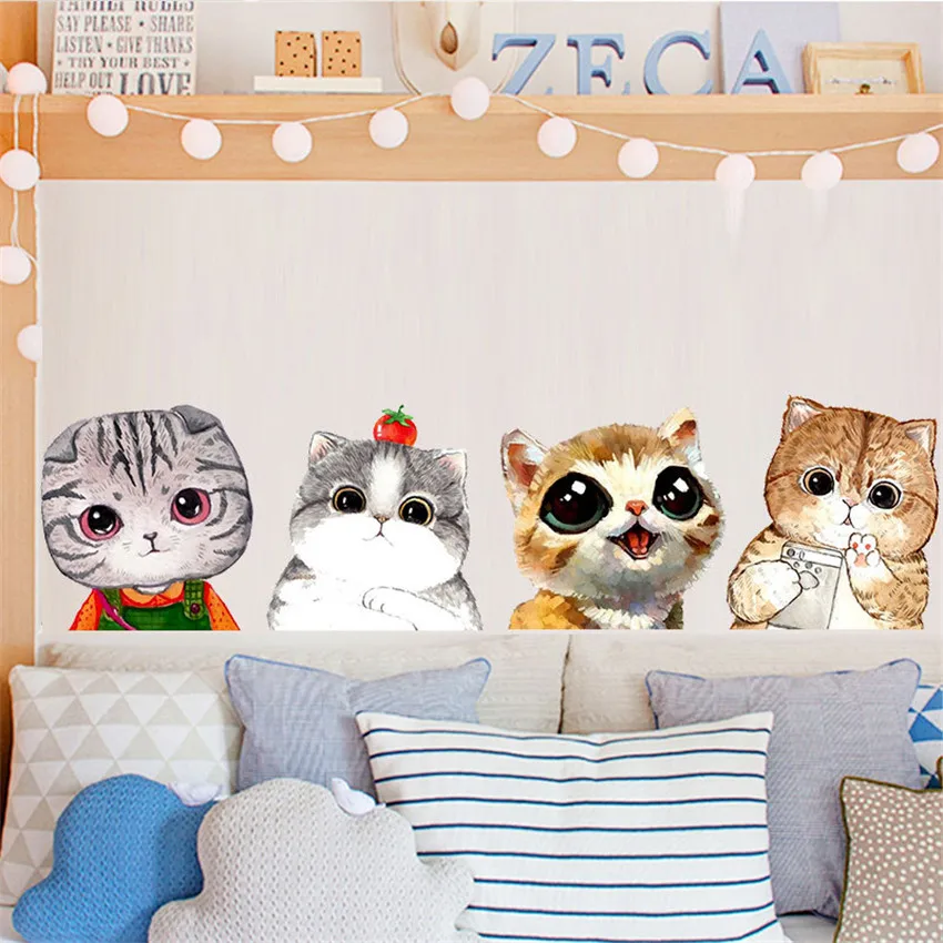 Cartoon watercolor cats Wall Stickers DIY Animal Decal for Kids Room Nursery background Wardrobe Door Decoration wallpaper | Дом и сад