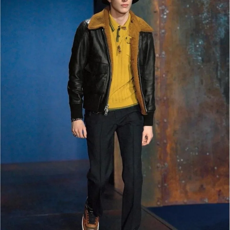 Top Brand Men Horsehide Real Leather Bomber Jacket Cotton Padded Sheep Fur Collar Coats Slim Motociclista Genuine | Мужская одежда