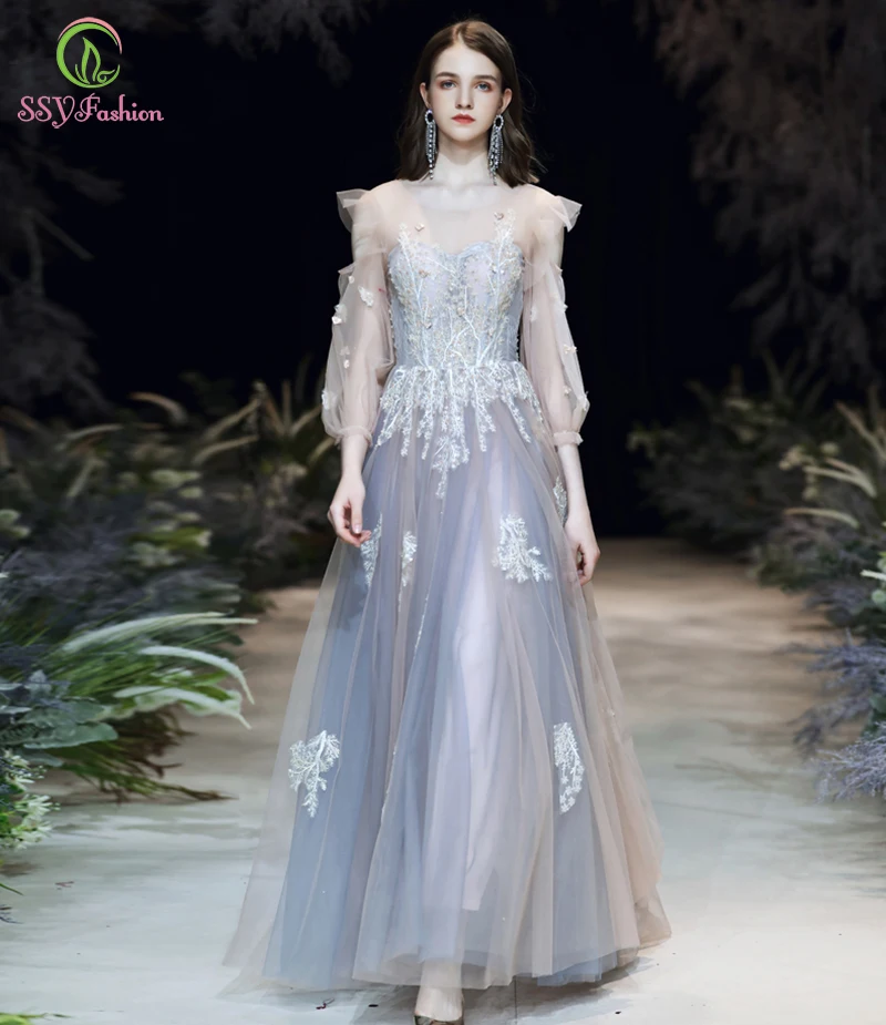 Женское вечернее платье со шлейфом SSYFashion романтическое бальное с кружевными