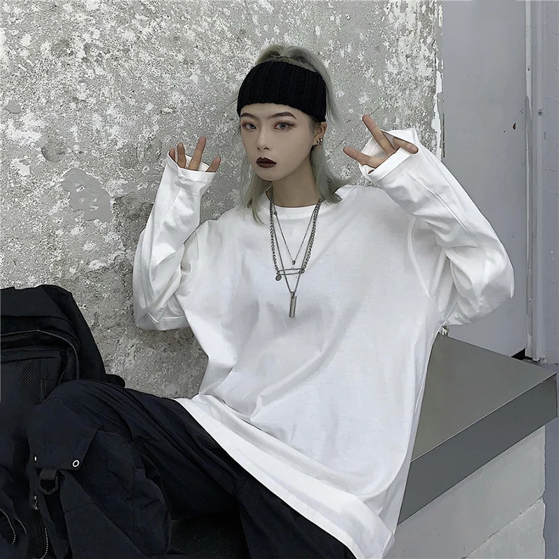 

Женская свободная футболка с длинным рукавом, весенняя повседневная футболка с круглым вырезом, в стиле харадзюку