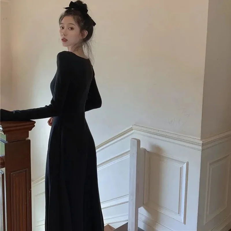 

Solid Dress Women Mid-calf Simple Basic Elegant Slim Ulzzang Females Long Sleeve Stretchy Breathable Spring Retro French Stylish