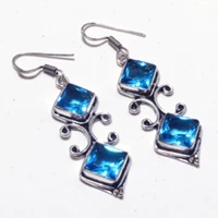 genuine blue topaz silver overlay on copper earrings hand made women jewelry gift e5385