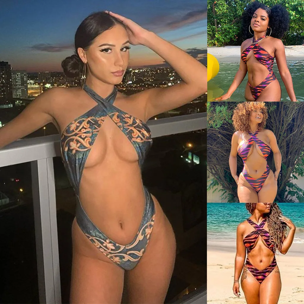 Новинка сдельный купальник женский пуш-ап высокий вырез крест бикини принт