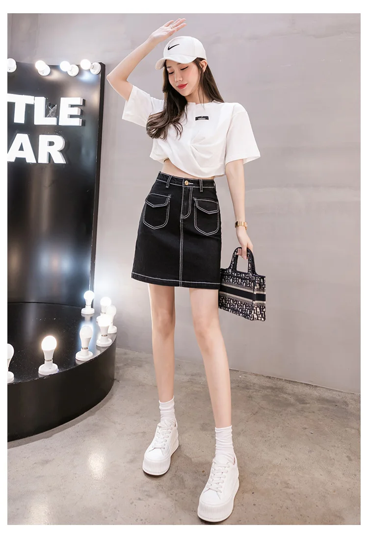 

2021 spring and summer new plus size women's a-line denim skirt one-step skirt all-match high waist loose short skirt