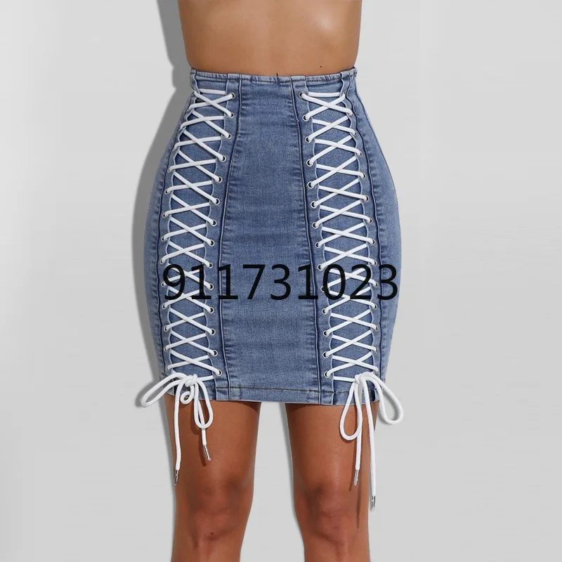 2021 New Women Denim Short Skirt High Waist Zipper-up Bandage Y2k Harajuku Sexy Bodycon Jean Party Nightclub Outfits | Женские юбки