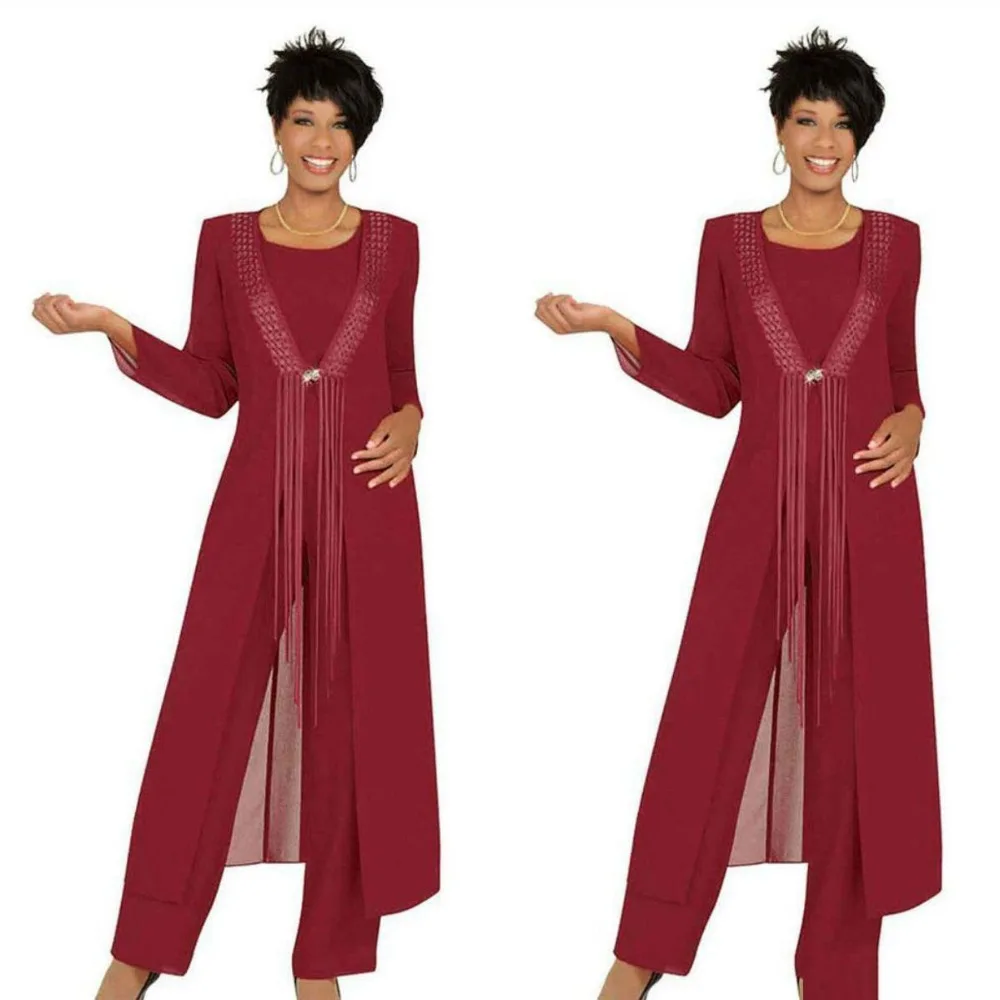 

Burgundy Mother Of The Bride Dresses Sheath Scoop Chiffon With Jacket Pants Suit Long Groom Mother Dresses For Weddings