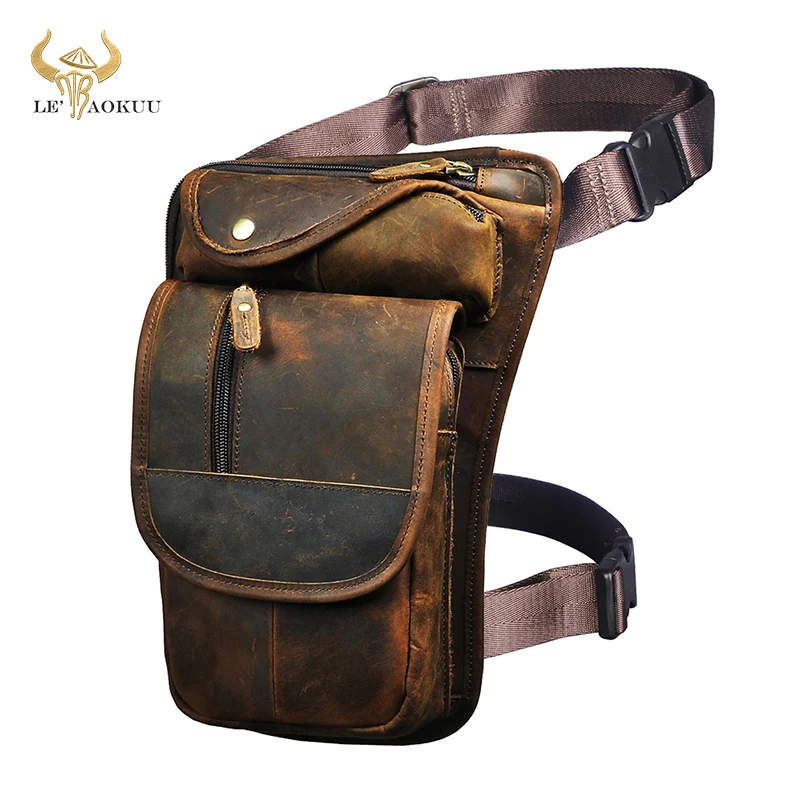 Crazy Horse Leather Men Design Vintage Messenger Tablet Sling Bag Multi-function Travel Fanny Waist Belt Pack Leg Bag Male 3112