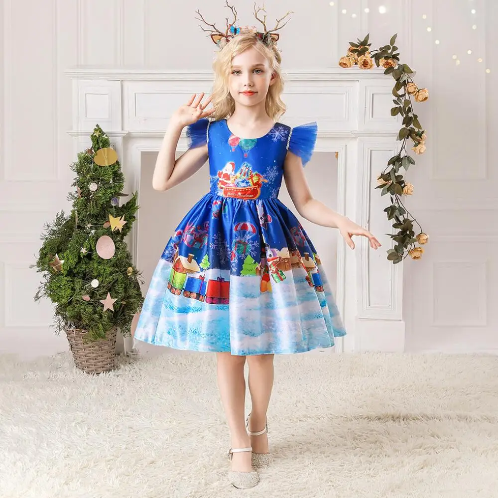 Детское бальное платье для девочек с принтом в виде снежинок и деда мороза 2021 |