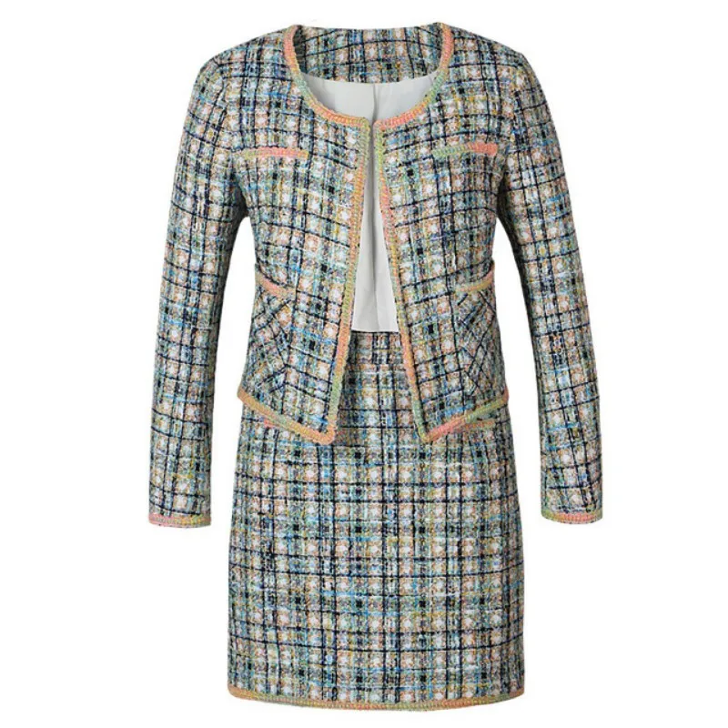 

Casual Fashion Office Lady High Waist Skirt Suits Tweed Pocket Round Collar Plaid Striped Female Two Piece Sets Autumn Winter