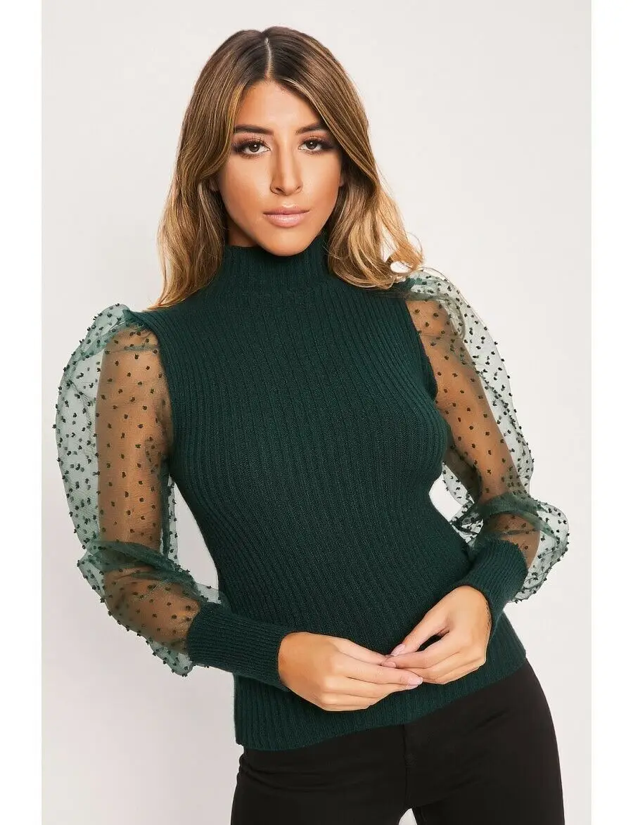 Женская Сетчатая футболка в горошек с пышными рукавами топы водолазка вязаные