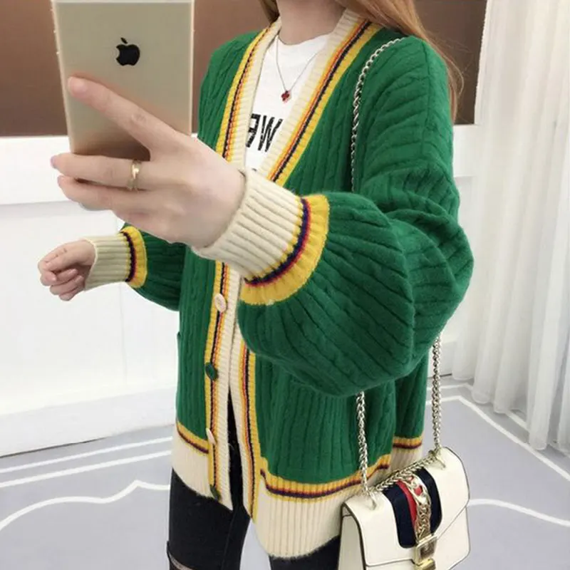 Осень Зима Свободный вязаный женский кардиган свитер корейский стиль размера