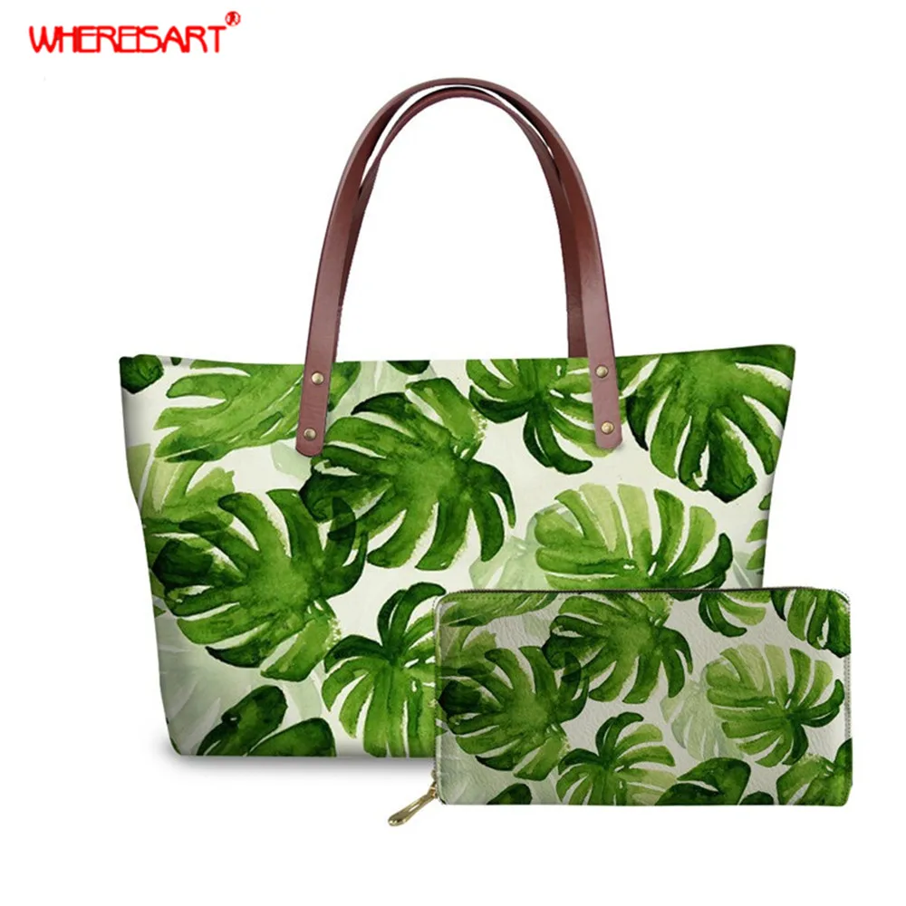 

WHEREISART Women Handbag Tropical Palm Leaf Printed Fresh Totes Bag Female Top-handle Shoulder Bag Women Green Leaf Travel Bolsa