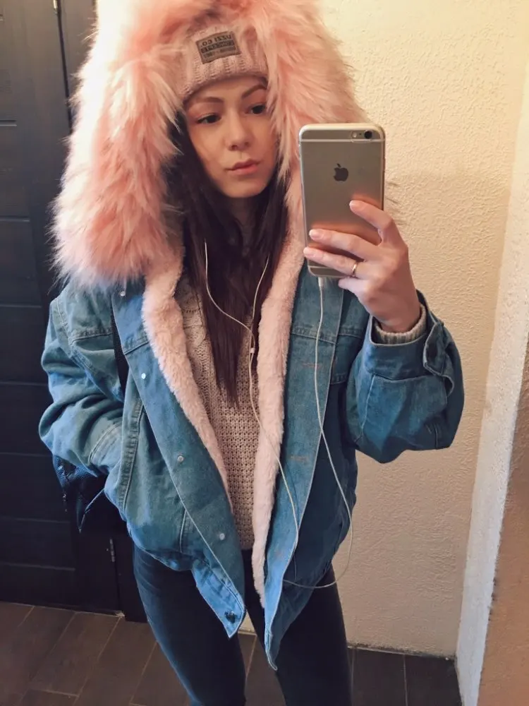 

QNPQYX Women Jean Jacket Winter Thick Jean Jacket Faux Fur Collar Fleece Hooded Denim Coat Female Warm Denim Outwea C411