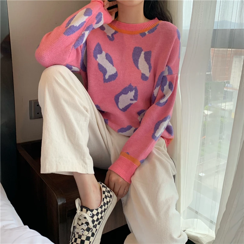 Трикотажная леопардовая свободная зимняя одежда женские пуловеры модный бренд