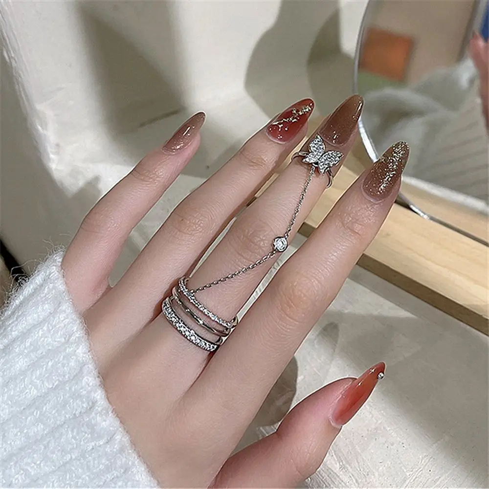 

Korean Style Ring Copper Hip-hop Butterfly Geometry Width Opening Adjustable Ring Female Finger Ring Rhinestone Ring