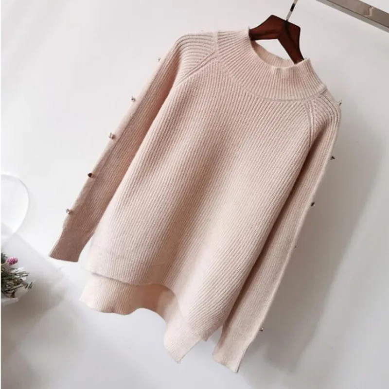 Короткий Свободный Асимметричный вязаный пуловер Топ Половина Водолазка кнопка