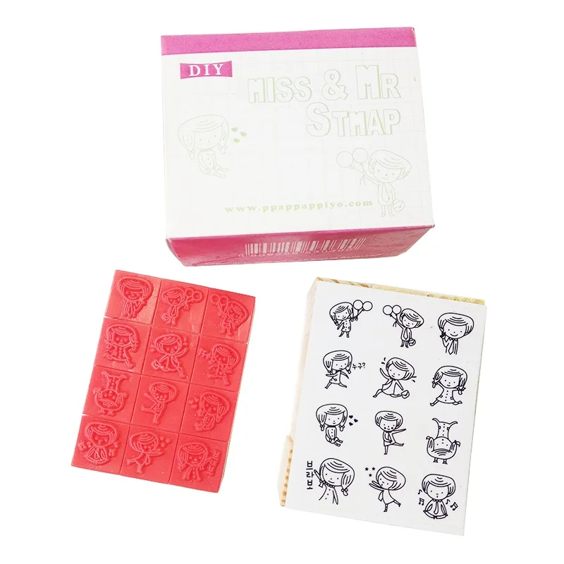 

12 Pcs/set Mini Miss&Mr DIY Wooden Rubber Stamp Set Clear Stamps For Scrapbooking Handmade Decal Stamps