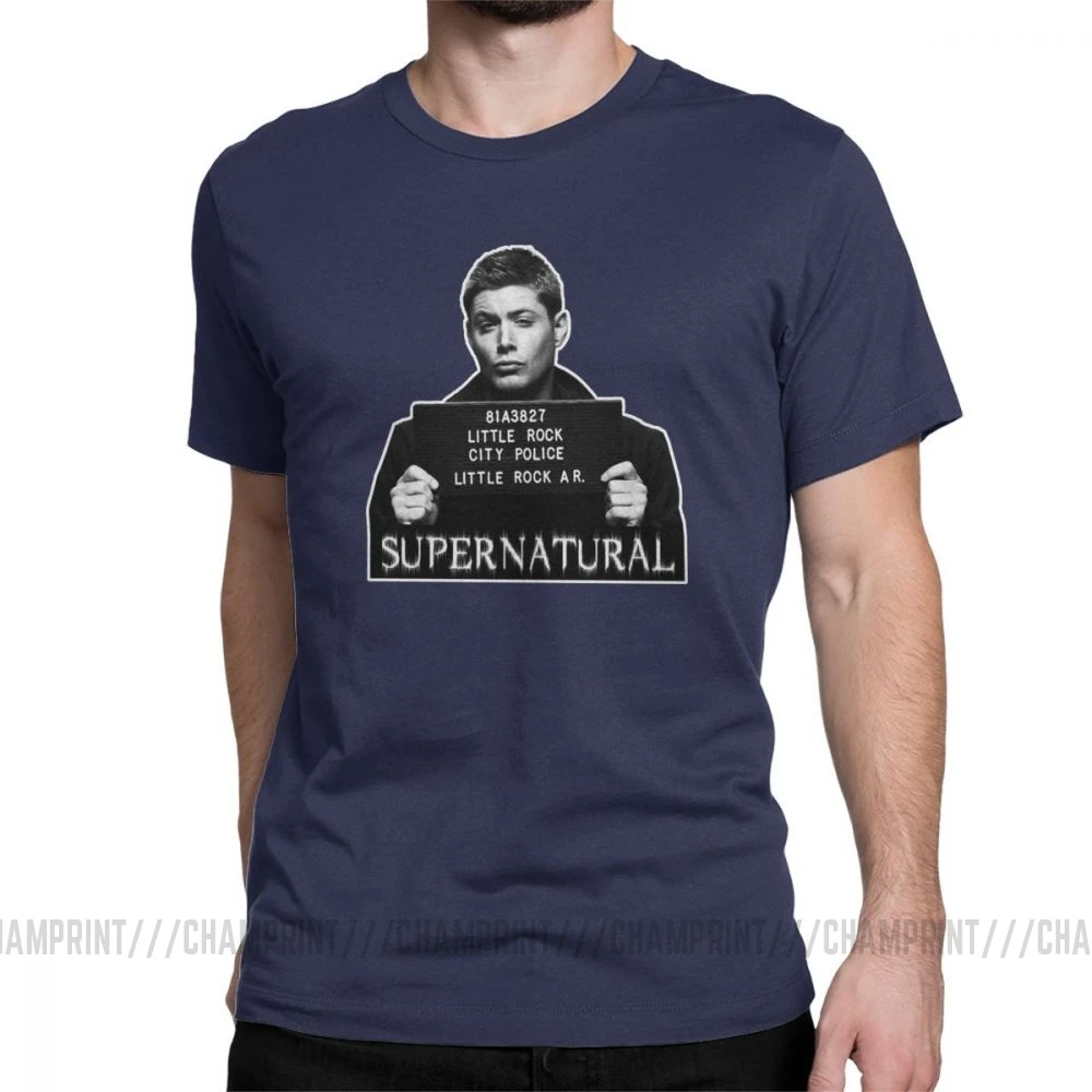 Dean Mugshot футболка Сверхъестественное SPN Brothers футболка мужские топы размера плюс забавная футболка с круглым вырезом из чистого хлопка - Цвет: Тёмно-синий