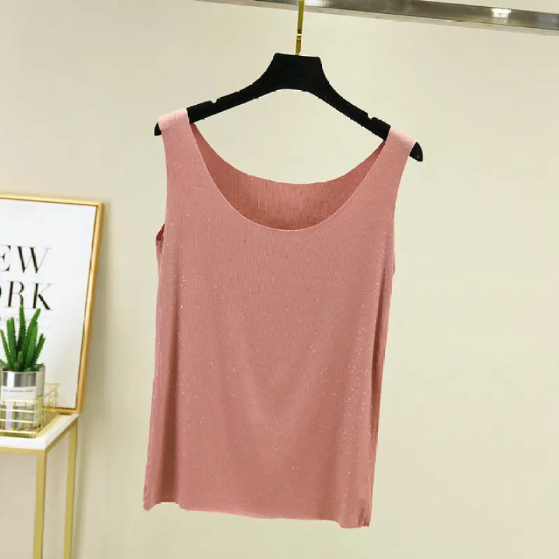 Женский Тонкий Свободный жилет блестящий однотонный топ без рукавов со стразами
