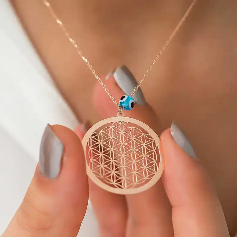 

Silverlina Silver Evil Eye Eyes Flower of Life Necklace