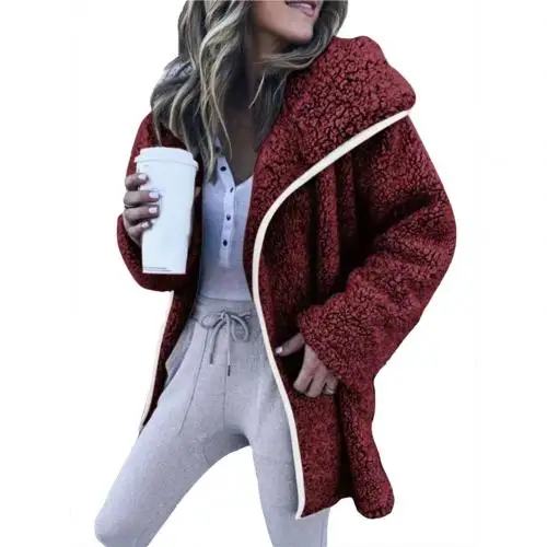 Wine Red Новая женская верхняя одежда с длинным рукавом и отложным воротником, шерстяное пальто, зимнее женское однотонное плотное флисовое пальто с отворотом - Цвет: Wine Red