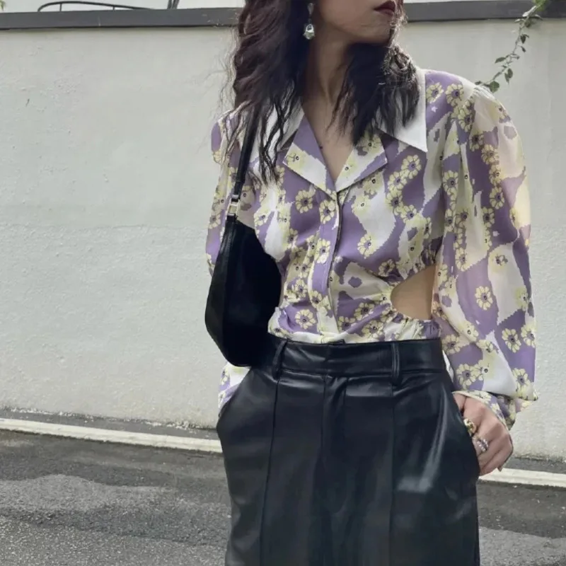 

[DEAT] Purple Floral High Waist One-piece Shirt Romantic Shirt Bubble Long Sleeve Y2k Clothes Jumpsuit Women 2021 Summer GX867