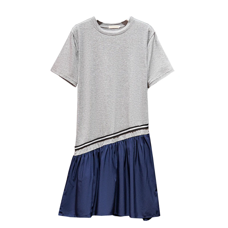 

Plus Size 2021 Summer Pullover Bright Line Decoration Patchwork Dress For Women Short Sleeves O-Neck Loose Waist Casual Dresses