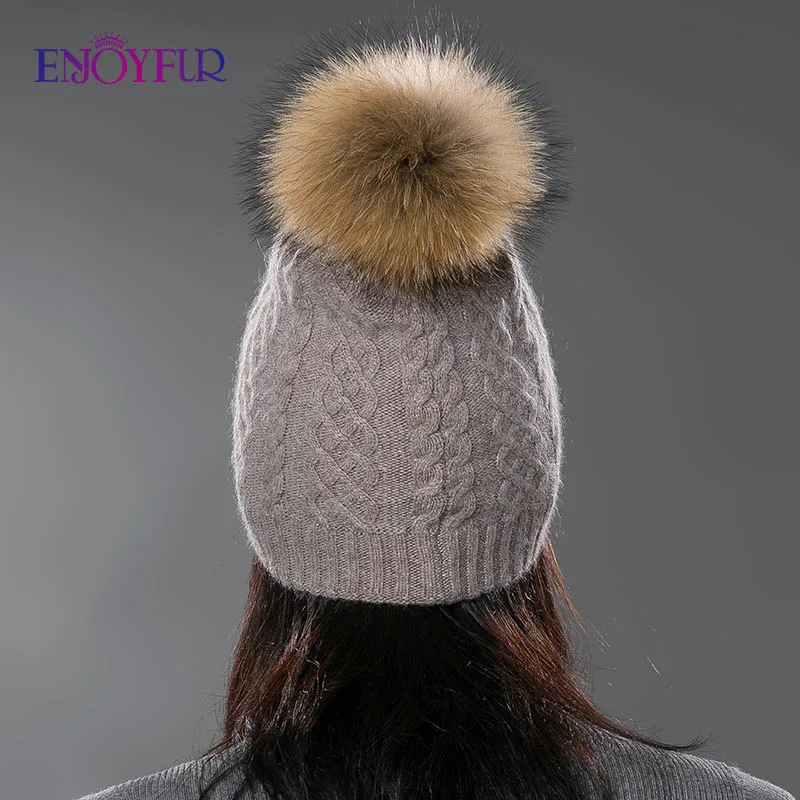 ENJOYFUR, зимняя меховая шапка с помпоном для женщин, кашемировая шерстяная хлопковая шапка, большая шапка с натуральным енотом, шапка с меховым помпоном, шапка с помпоном из лисьего меха