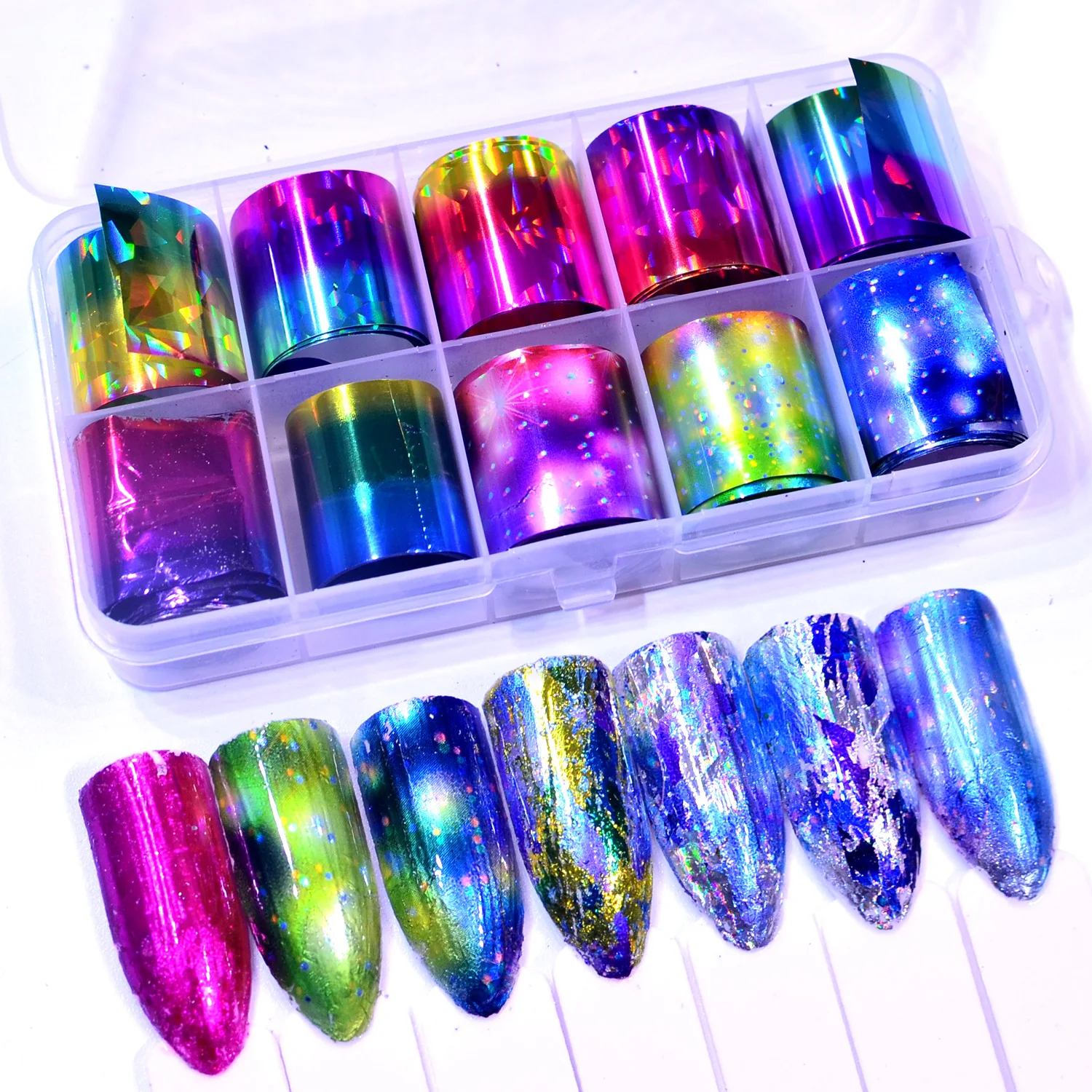 

YWK 10 Rolls/Box Holographic Nail Foils Nails Wraps Multi-pattern Colorful Transfer Sticker Decals Tips Nail Art Decorations