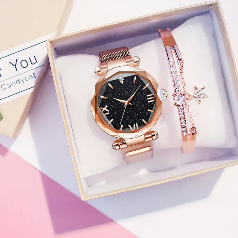 Rose bracelet Звездное небо женские часы модные магнитные часы и браслет набор дамские наручные часы римский подарок часы Relogio Feminino - Цвет: Rose bracelet