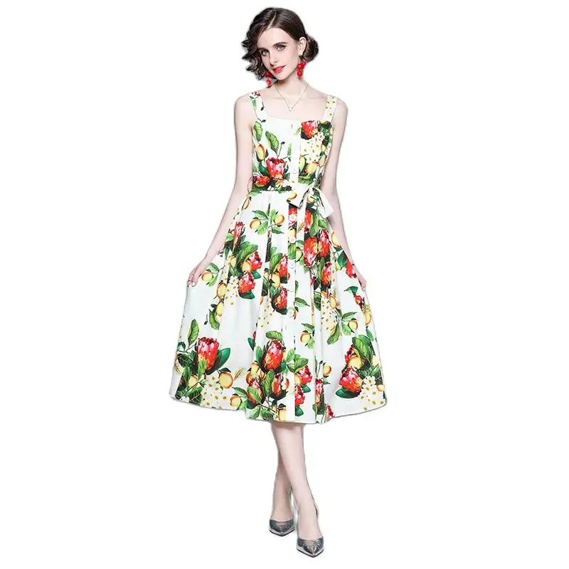 

Green Suspender Dress 2021 Summer New Temperament Printed Knee Length Clothes Street Style