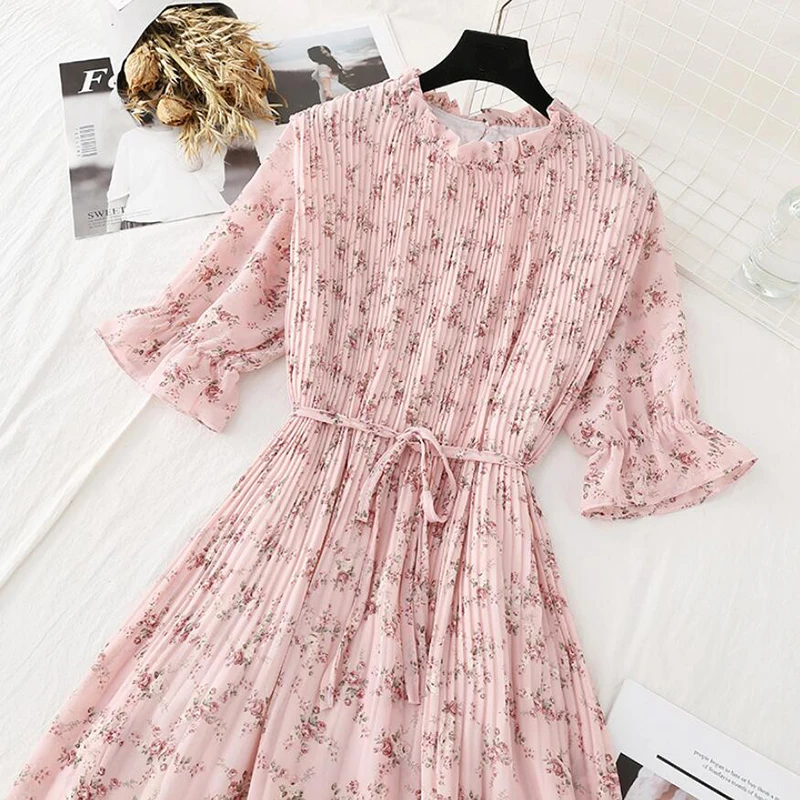 

2020 Summer Chiffon Midi Dress Korean Floral Printing Ruffles Dresses Casual Short sleeve Pleated Hem Elegant Party Vestidos