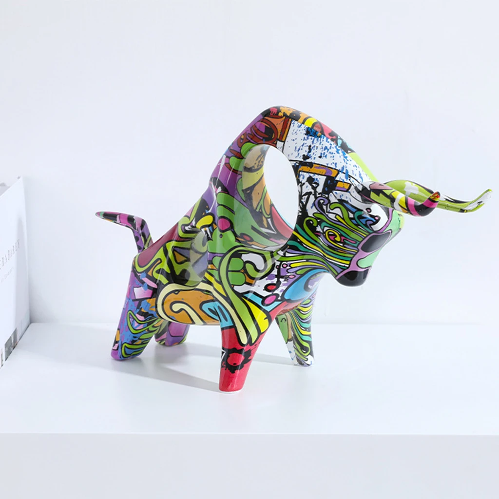 Ox Figurine Graffiti Bull Sculpture Desk Ornament Cattle Statue for Hotel Home | Figurines &amp Miniatures