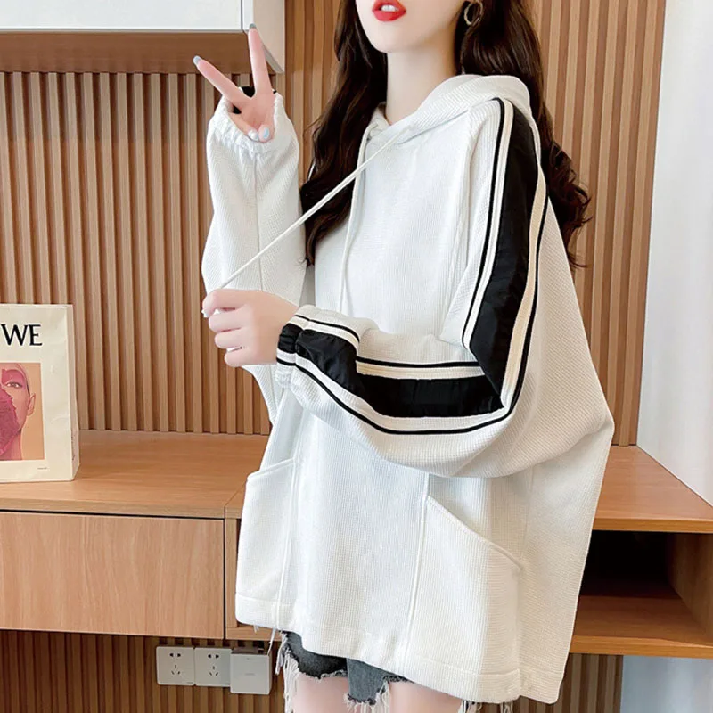 

Loose Fitting Top Stripes Long Sleeve Pullover Korean Oversized Vintage Hoodie Women Poleron Plain Pocket Hooded Sweatshirt Cute