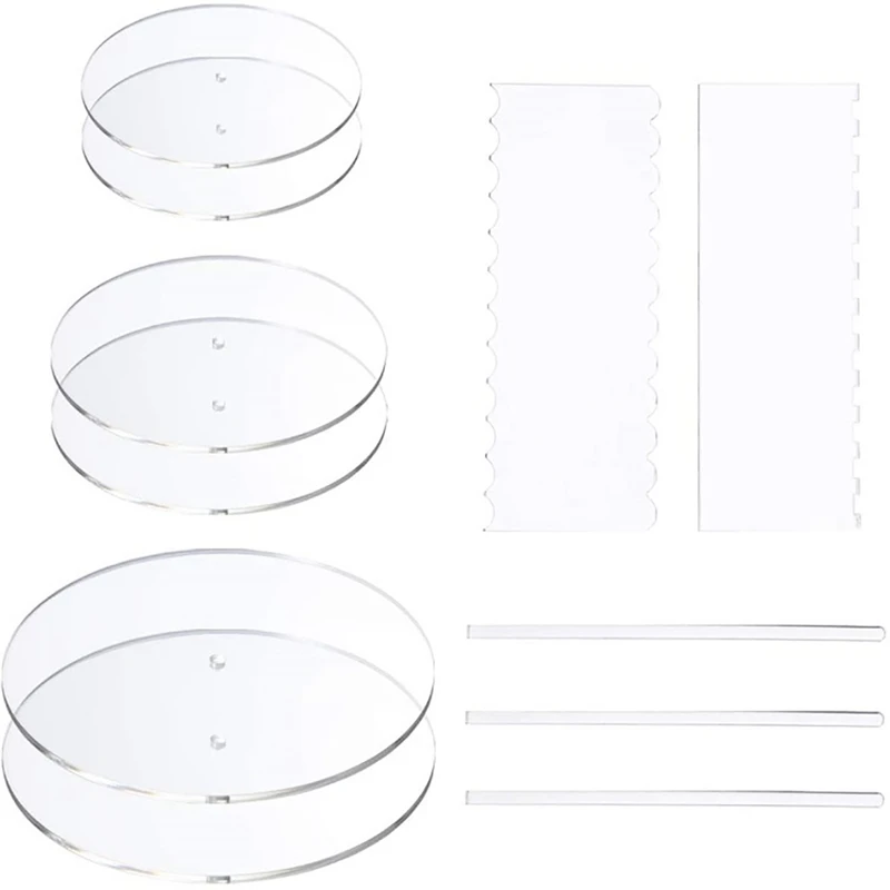 

Acrylic Round Cake Tool Cake Disk Circle Base Boards with Center Hole Dowel Rod Comb Scrapers DIY Cake Shape Baking Supplies