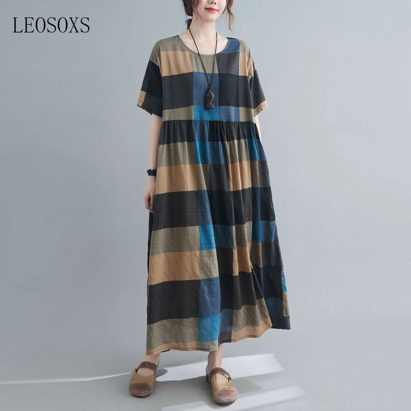 

Oversized One-Piece Cotton Linen Dress Female 2021Summer New Women'S Dresses O Neck Pullover Loose Dress Retro Plaid Print Dress