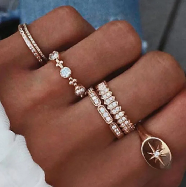 Модный женский набор колец с кристаллами и звездами богемные металлические