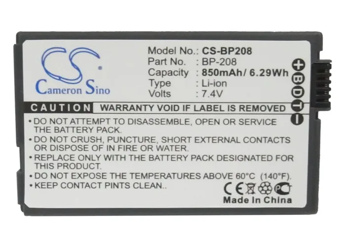 

Кэмерон китайско 850 мА/ч, Батарея BP-208 для Canon DC10, DC100, DC20, DC201, DC21, DC210, DC22, DC220, DC230, DC40, DC50, DC51, DC95
