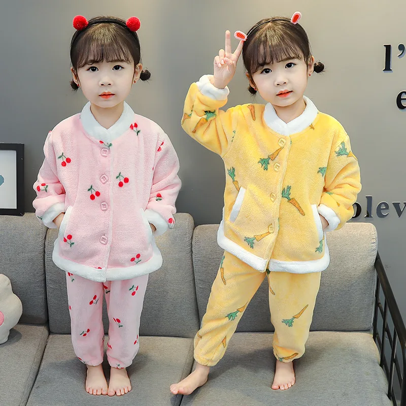 

2020 Autumn and Winter New Fashion Children's Flannel Pajamas Thickened Warmth Girl Baby Cute Cartoon Carrot Home Service Suit