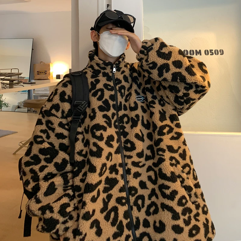 Winter Leopard Pattern Fleece Jacket for Men Fashion Trends Oversized Streetwear Teen Loose Fit Windbreaker Coats Padded Clothes