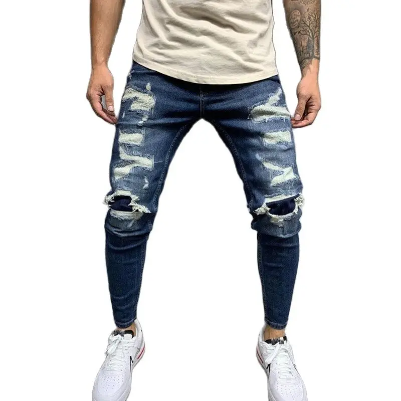 

Новинка 2022, модные байкерские корейские Trendyol потертые джинсы в стиле хип-хоп для мужчин, облегающие повседневные синие мужские брюки