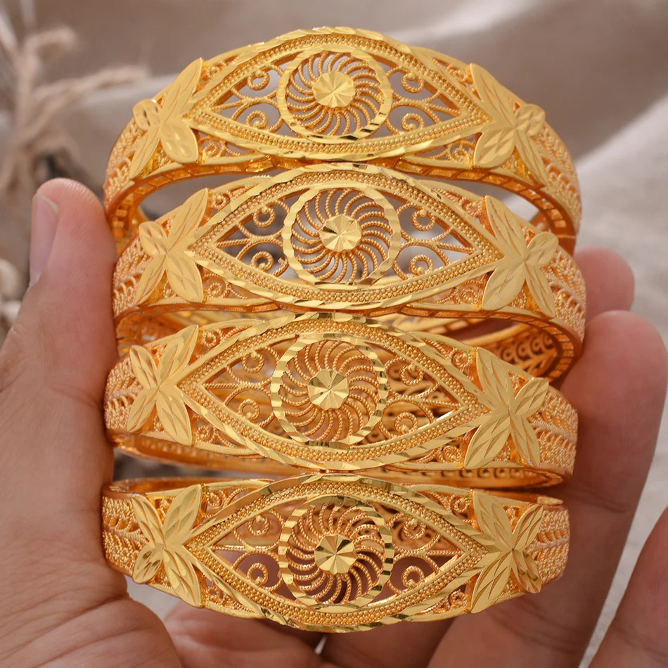 

4pcs/Set Islamic 24k Dubai Gold Color Bangles For Women Ethiopia Bangles&Bracelets Africa Saudi Arab Wedding Jewelry Party Gift