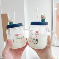 korean cute bear cartoon glass transparent printing ins straw cup large capacity juice milk tea cup