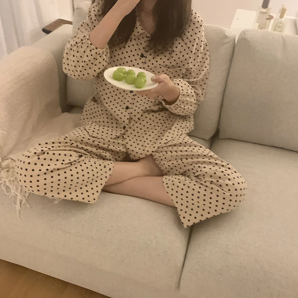 

Pajamas Women's Home Wear Casual Suit Korean Ins Retro Long Sleeve Thin Home Autumn Dotted Pajamas Women