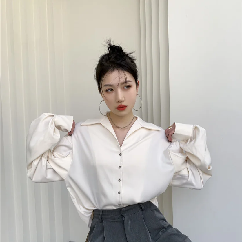 

kimotimo women shirt spring Design cream apricot bubble sleeves pointed collar tops fabric silky texture strong loose blouse ins