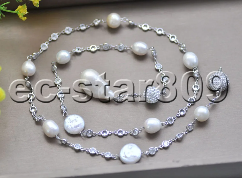 

P7439 30" 26mm White Keshi & Baroque & Coin & Rice Pearl Necklace CZ Chain Choker Women jewelry