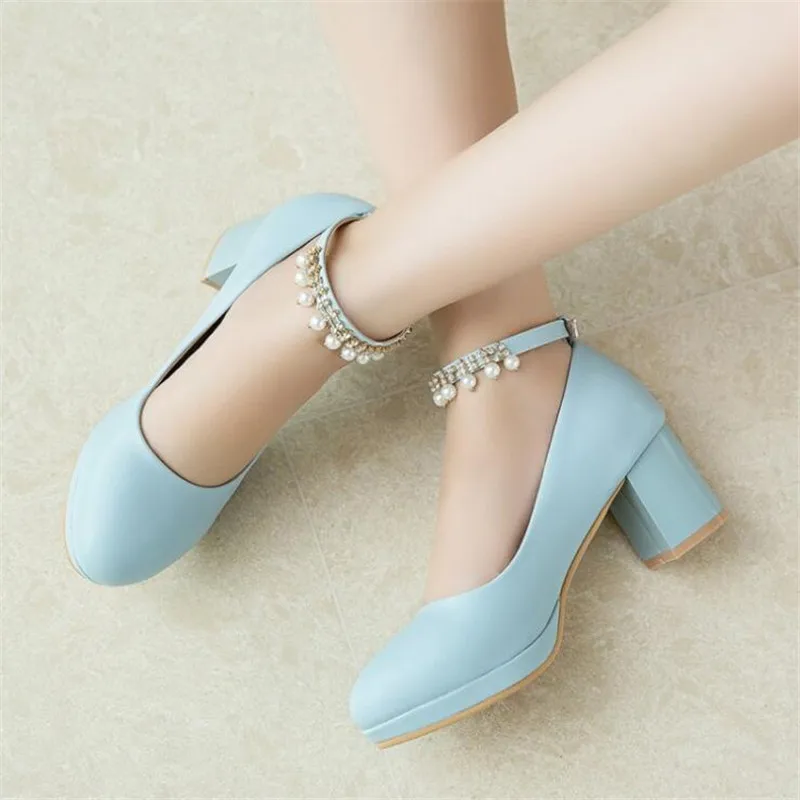

Girls' Shoes Women Pumps Round Toe Thick Square Heel Buckle Lolita Shoes Sweet Pearl Woman Party Wedding Shoes Plus Size 30-43