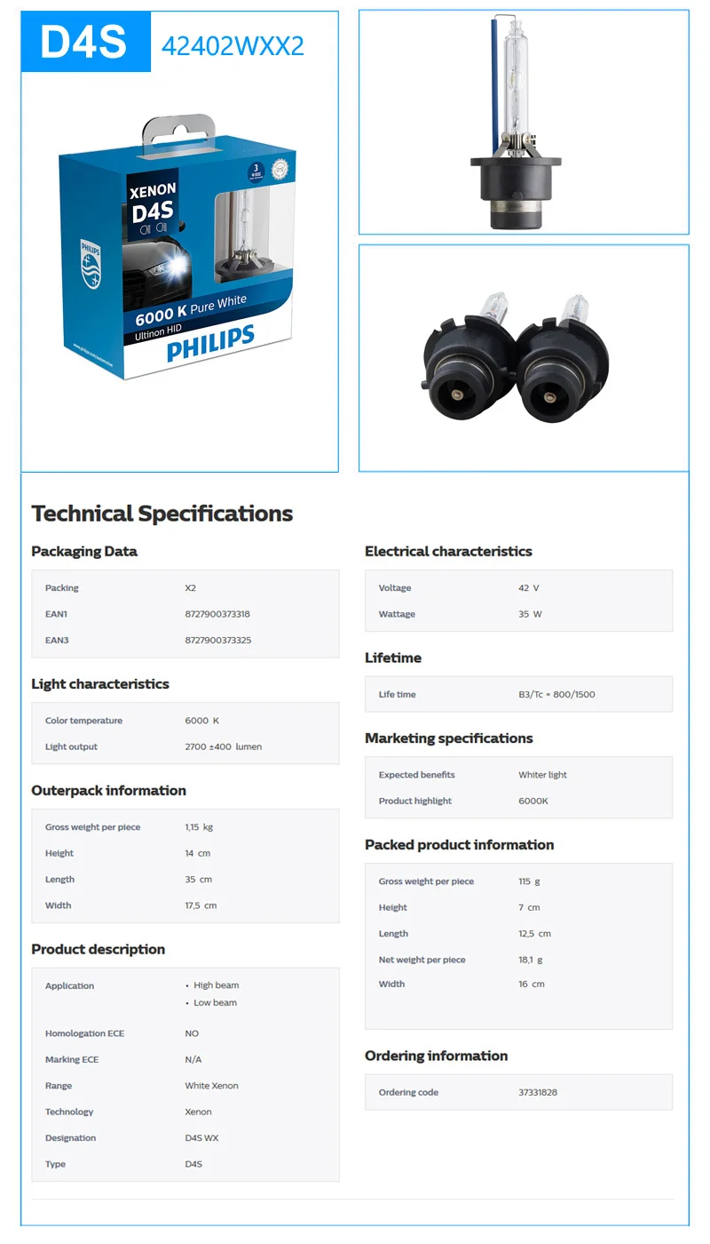 Philips HID 6000K D1S D2S D2R D3S D4S Ultinon холодный синий ксеноновый белый светильник, автомобильный обновленный головной светильник, лампочки, вспышка, быстрый запуск, пара