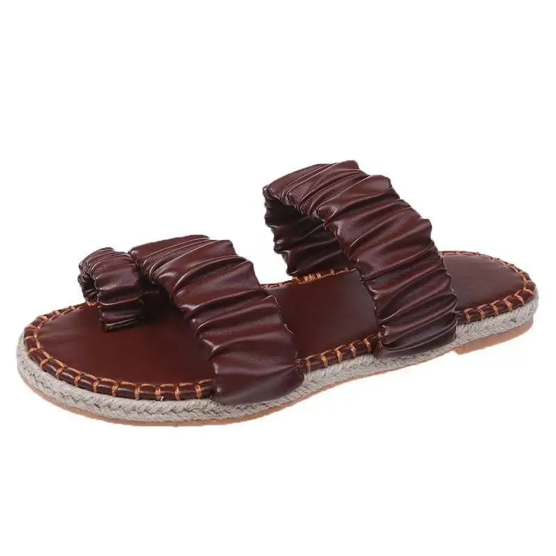 

Big Size Shoes Woman 2021 Low Slippers Flat Beige Heeled Sandals Black Solid Sewing Scandals Slides Round Toe PU Basic Rubber Fa