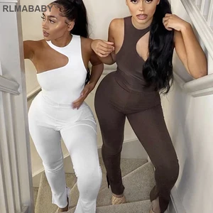 Модный Асимметричный боди на одно плечо без рукавов с высокой талией и брюками с разрезом на подоле комплект из 2 предметов женский эластичный сексуальный комплект